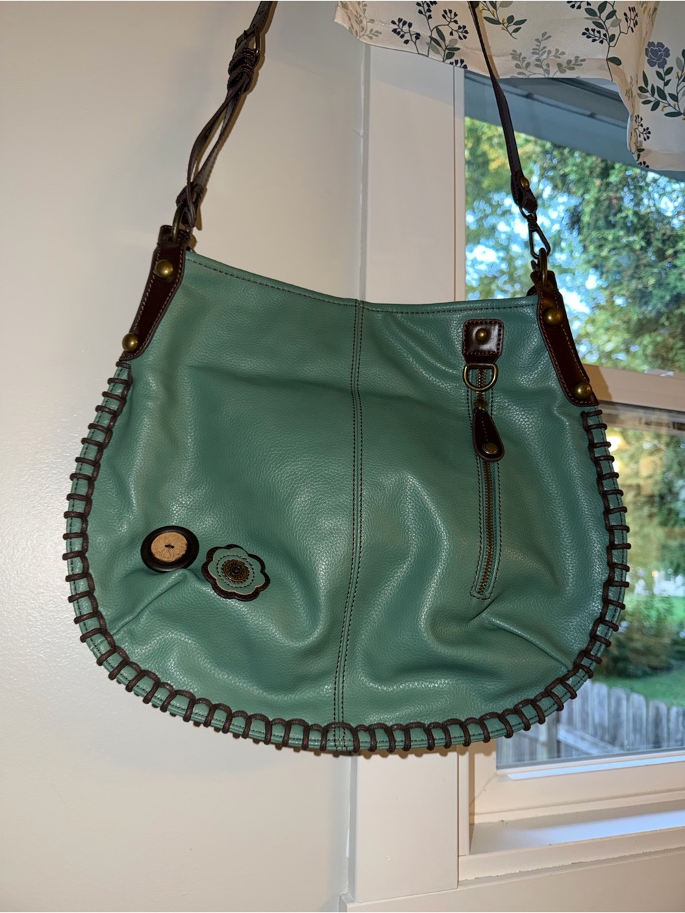 Chala Teal Hobo Bag with Brown Trim - Women's Stylish Everyday Shoulder Bag